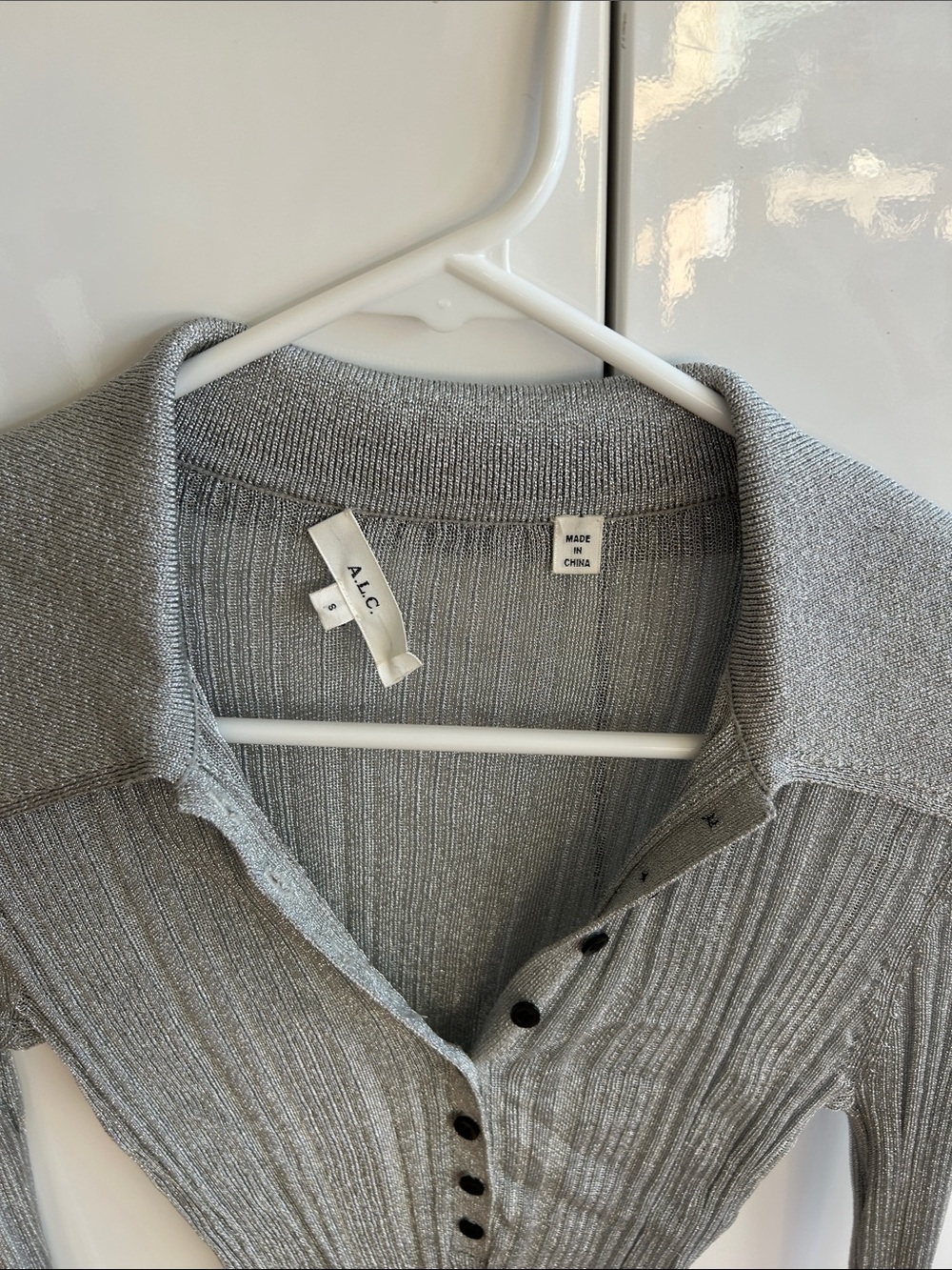 ALC Silver Metallic Ribbed Button-Front Collared Top - Picture 2 of 3